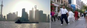 people doing tai-chi and Shanghai skyline